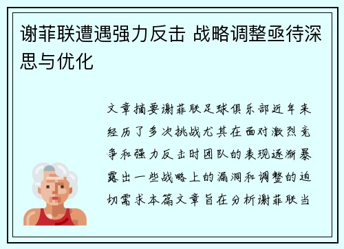 谢菲联遭遇强力反击 战略调整亟待深思与优化
