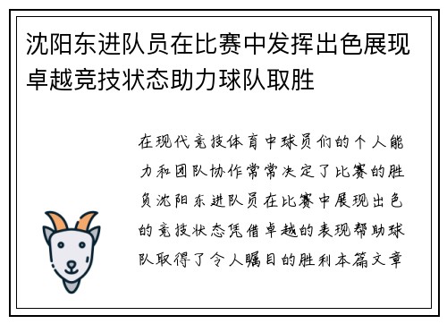 沈阳东进队员在比赛中发挥出色展现卓越竞技状态助力球队取胜